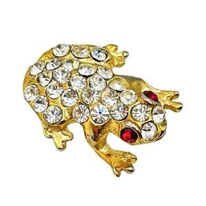 Vintage Gold Tone Crystal Rhinestone Frog Toad Brooch Pin with Ruby Red Eyes